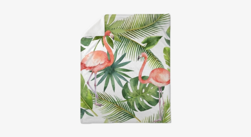 Watercolor Seamless Pattern Of Flamingo And Palm Trees - Flamingo Lraf Background, transparent png
