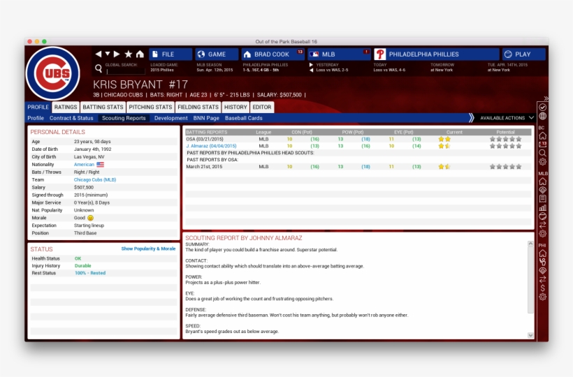 How Ootp Views Kris Bryant, One Of Mlb's Rising Stars - Chicago Cubs, transparent png