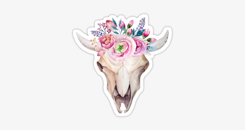 Bull Skull With Floral Crown By Joellis - Hipster Flower Watercolor, transparent png