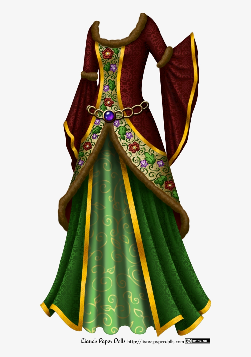 A Gown With A Red Overdress And Green Underskirts - Medieval Red And Green Dress, transparent png