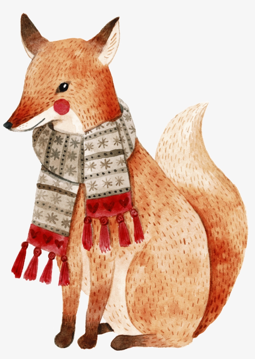 Hand Painted Fox Animal With Scarf Transparent - Christmas Raccoon Illustration, transparent png