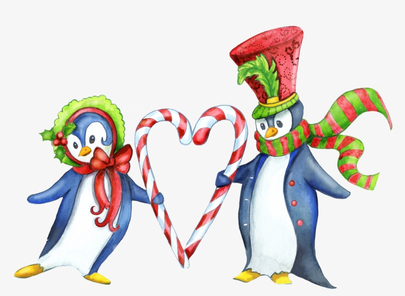 Amb Illustrations [watercolor Christmas] - Pinguin-paare, Herz-zuckerstange-frohe Weihnachten, transparent png
