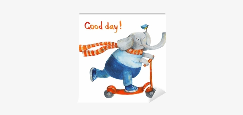 Elephant On Scooter With Bird - Drawing, transparent png