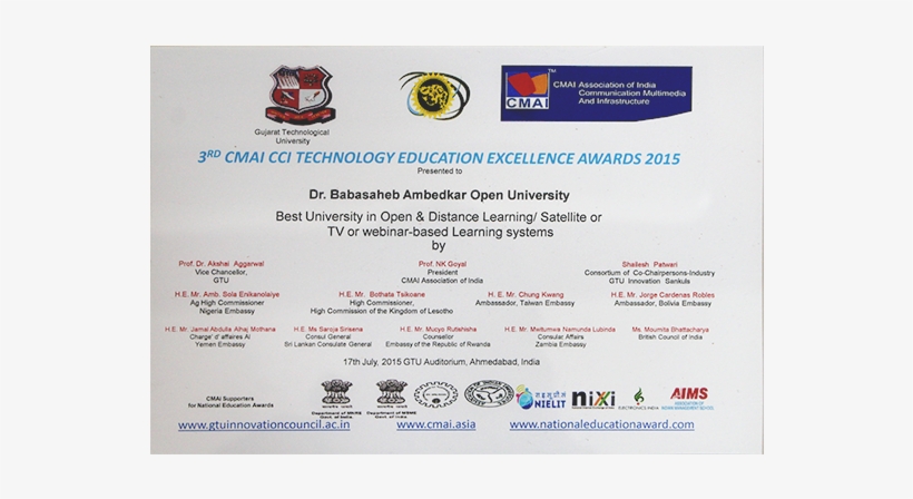 Cci Technology Education Excellence Awards - Certificate Of Babasaheb Ambedkar Open University, transparent png