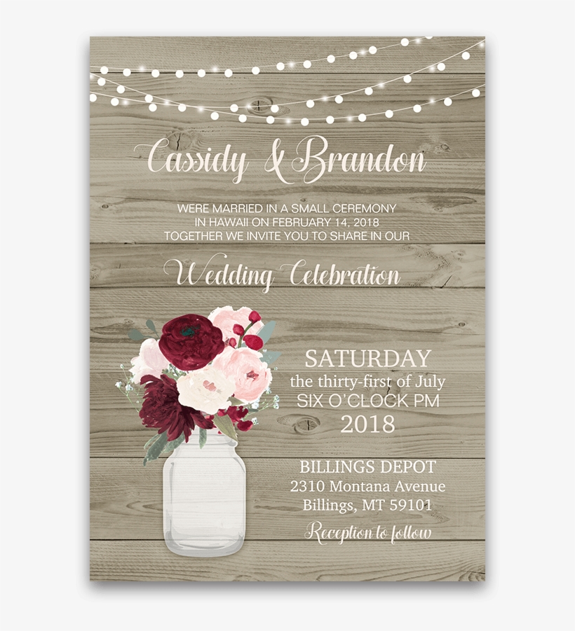 Rustic Wedding Reception Only Invitation Mason Jar - Burgundy And Blush Rustic Wedding, transparent png