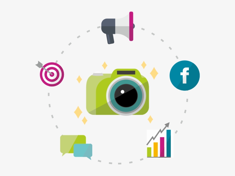 A Camera With Marketing Icons Around It - Marketing, transparent png