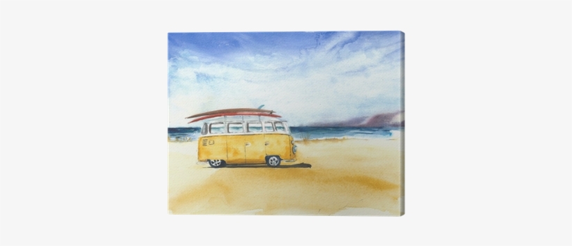 Beach Landscape Minivan Surfboards Yellow Bus Travel - Watercolor Painting, transparent png