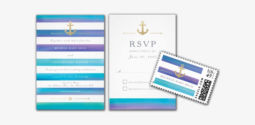Watercolor Blue Striped Nautical Wedding Invitation - Cross, transparent png