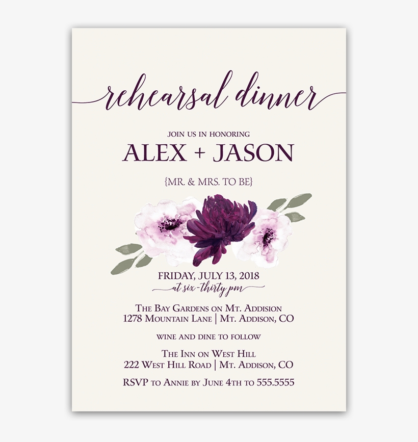 Purple Watercolor Flowers Wedding Rehearsal Invitation - Flower, transparent png