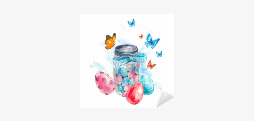 Watercolor Glass Jar With Candy, Butterfly And Eggs - Watercolor Painting, transparent png