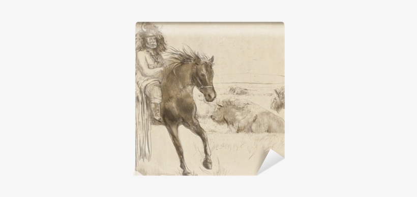 Indian Chief Riding A Horse, Watching Buffalo Herd - Foal, transparent png