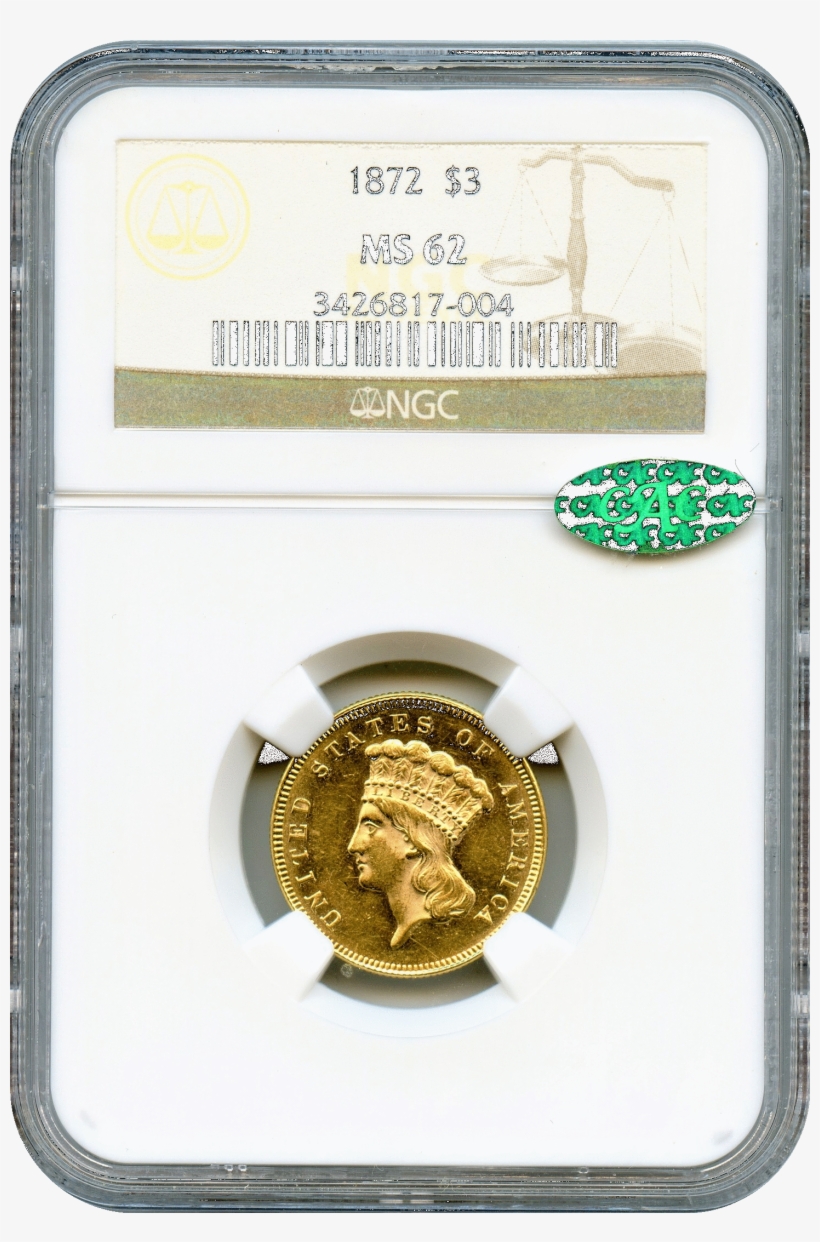 1872 $3 Gold Indian Princess Ngc Ms62 ****** Cac & - アンティークコイン アメリカ 20ドル金貨リバティヘッド 1903 Ngc/c, transparent png