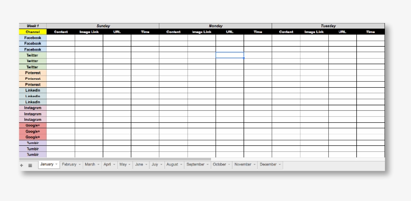 Example Of A Social Media Calendar In A Spreadsheet - Editorial Calendar, transparent png