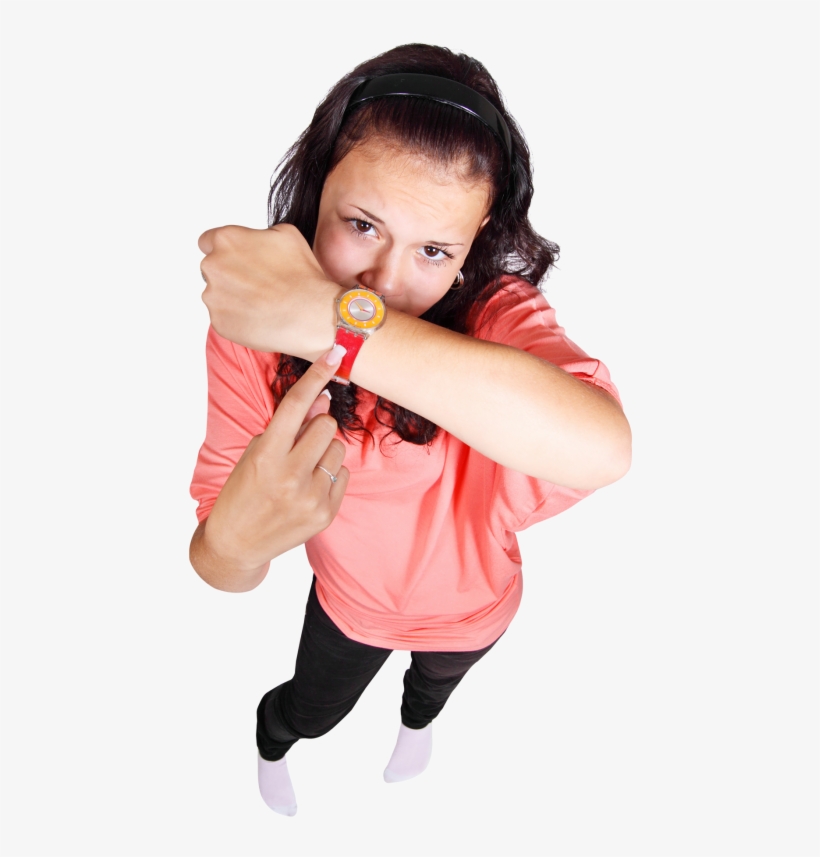 Happy Young Girl Pointing Finger At Her Watch Png Image - Pointing To Watch Png, transparent png