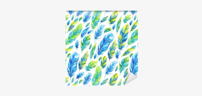 Seamless Watercolor Pattern With Blue And Green Feathers - Feather, transparent png
