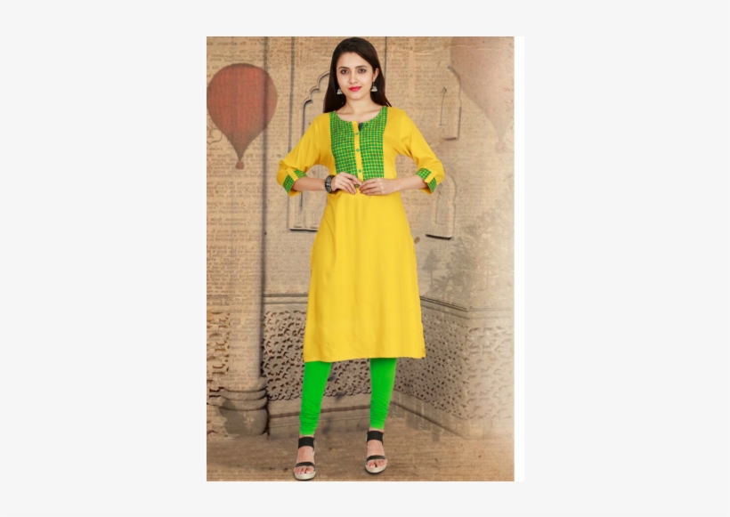 Indijoy Kurta- Yellow With Green Patch Neck - A-line, transparent png