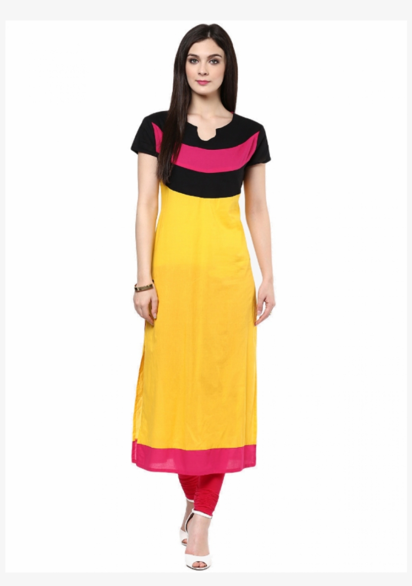 Shop Designer Yellow With Pink Black Cotton Kurti - Kurtis Png, transparent png