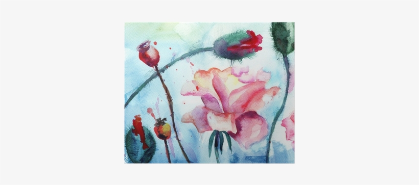 Roses With Poppy Flowers, Watercolor Painting Poster - Pintura En Acuarela, transparent png
