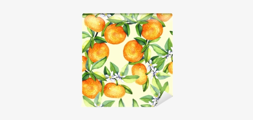 Tangerine Branches With Fruits And White Flowers, Seamless - Watercolor Painting, transparent png
