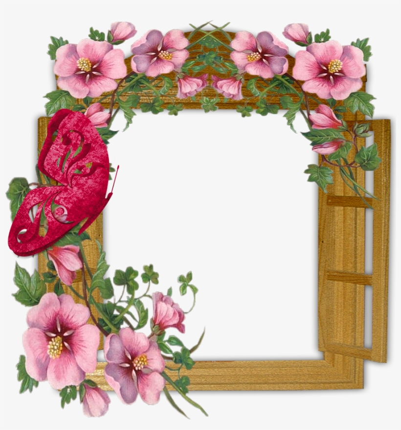 Wooden Winow With Flowers And Butterfly Transparent - Flowers Photo Frame Download, transparent png