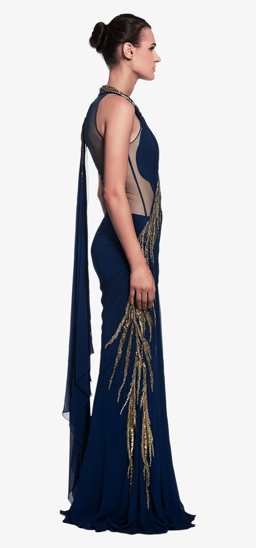 Deep Blue Saree Gown With Gold Embellishments - Blue, transparent png