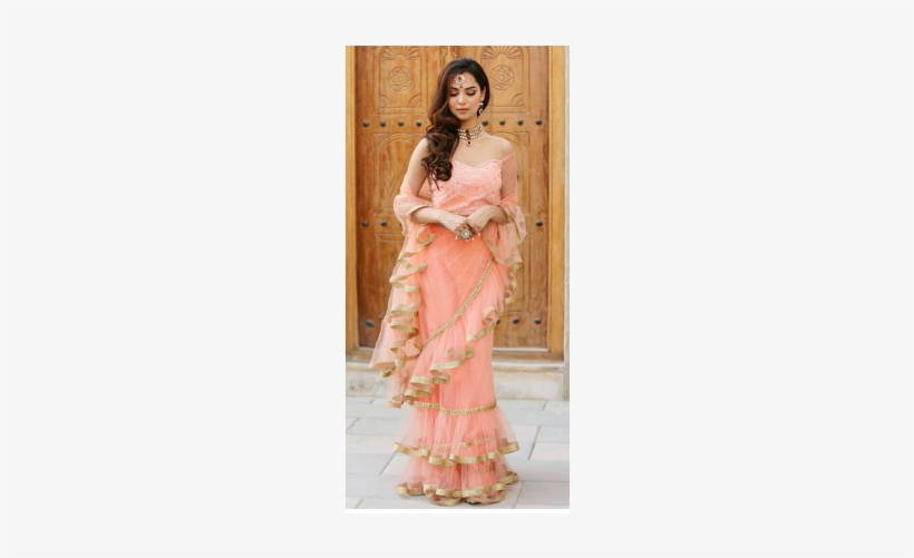 Gorgeous Peach Colour Ruffle Saree - Sari, transparent png