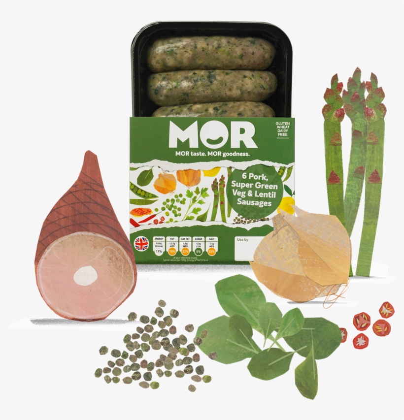 British Pork, Asparagus, Peas, Spinach, Green Lentils, - Mor Pork Beetroot & Apple Sausages, transparent png