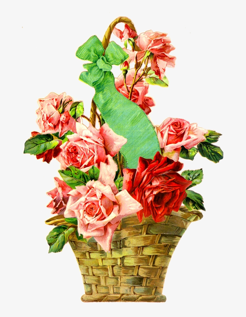 Vintage Rose Basket Die Cut - Canasta De Flores Png, transparent png