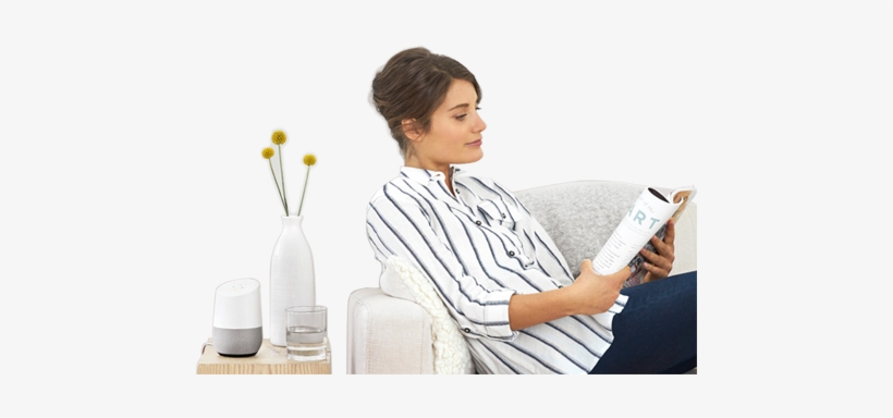 Woman In Chair Listening To Google Home Music - Google Home User, transparent png