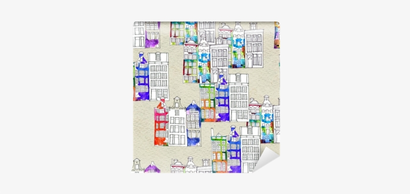 Seamless Pattern Eith Watercolor Amsterdam Houses Wall - Watercolor Painting, transparent png