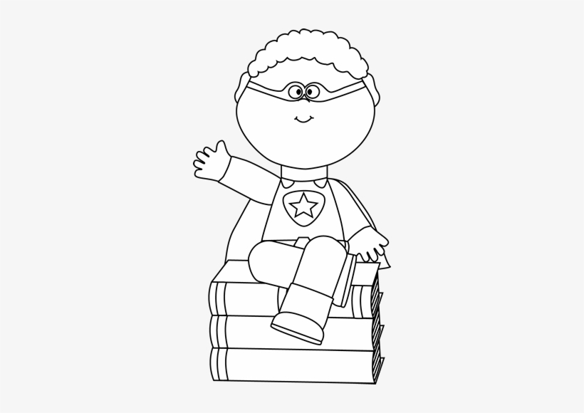 Black And White Superhero Sitting On Books - Super Reader Clipart Black And White, transparent png