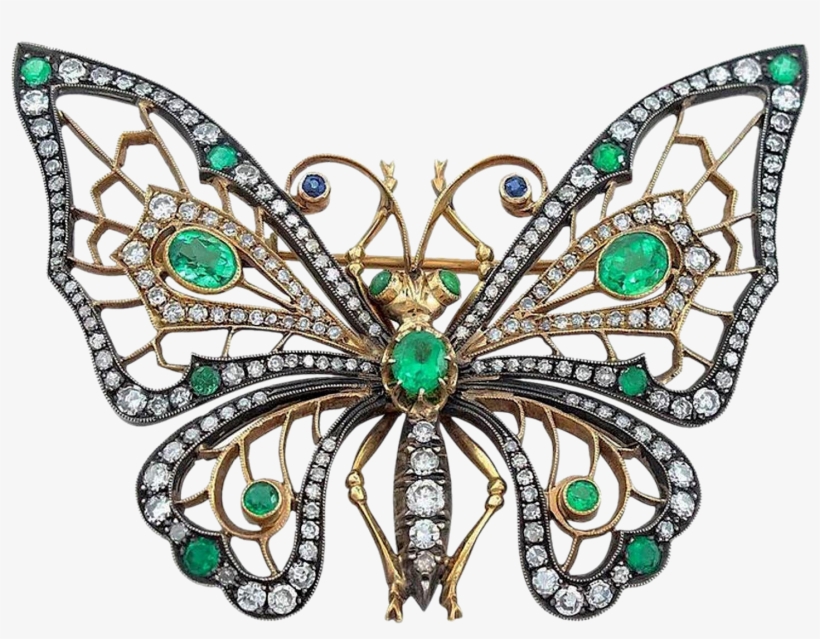 Emerald Diamond Silver And 14 Karat Gold Butterfly - Brooch, transparent png