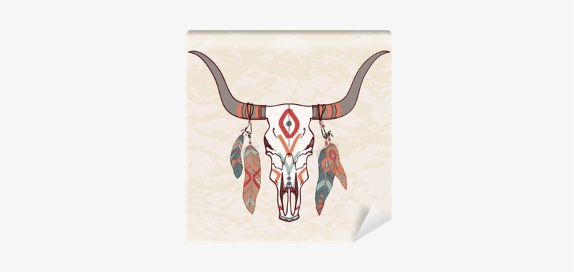 Vector Illustration Of Bull Skull With Feathers Wall - Cow Skull With Feathers, transparent png