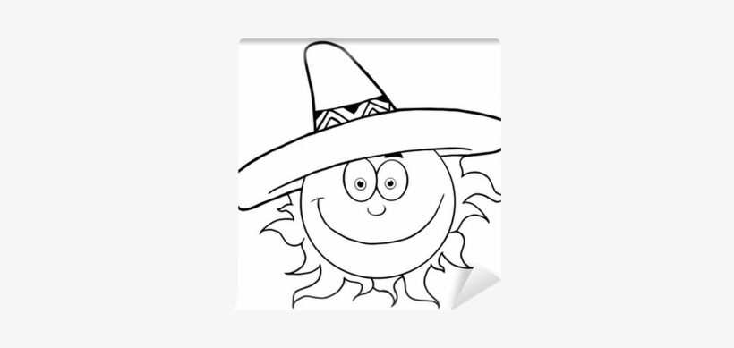Outlined Smiling Sun With Sombrero Hat Wall Mural • - Sun Wearing A Sombrero, transparent png