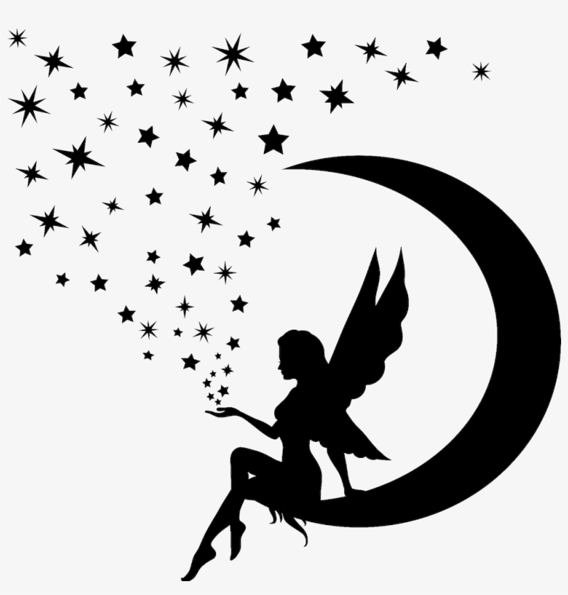 Silhouette Moon Angel Holding Stars Transparent - Moon And Star Png, transparent png