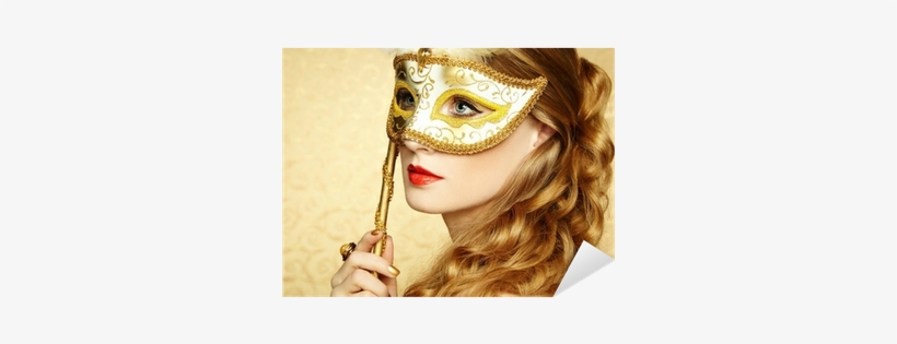 Beautiful Young Woman In Mysterious Golden Venetian - Mask, transparent png