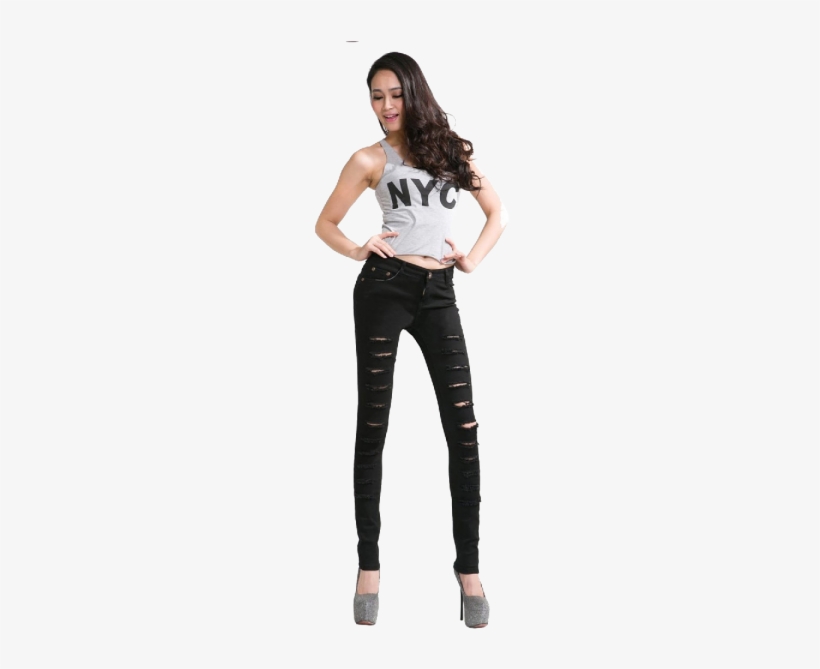 Woman Cut Out Punk Novel Ripped Jeans Denim Jeggings - Pantalon A Trou Fille, transparent png