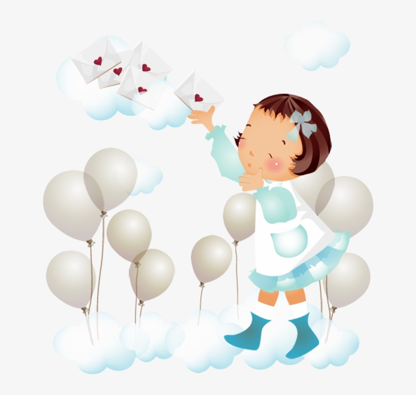 Desenho Png De Menina Nas Nuvens Balões E Cartas C - Desenho Menina Com Cartas, transparent png