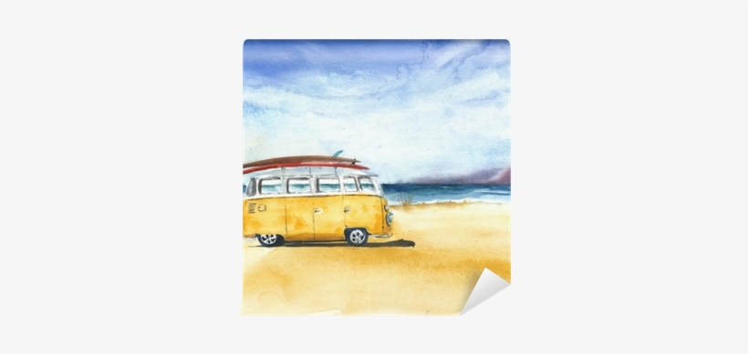 Beach Landscape Minivan Surfboards Yellow Bus Travel - Watercolor Painting, transparent png