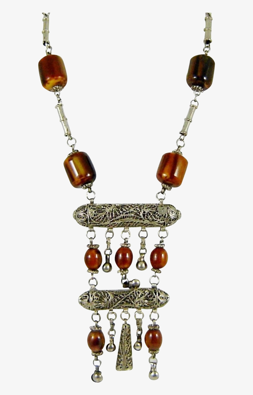 Vintage Tribal Bakelite Necklace Amber Silver Bells, transparent png