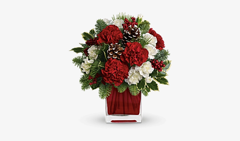 Holiday Cube With Carnationsand Christmas Greens - Christmas Bouquet Of Flowers, transparent png