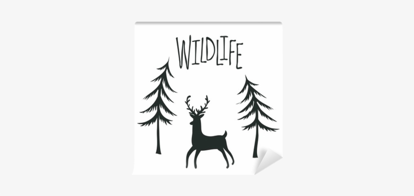 Wildlife Print Design With Deer And Pine Trees - Illustration, transparent png