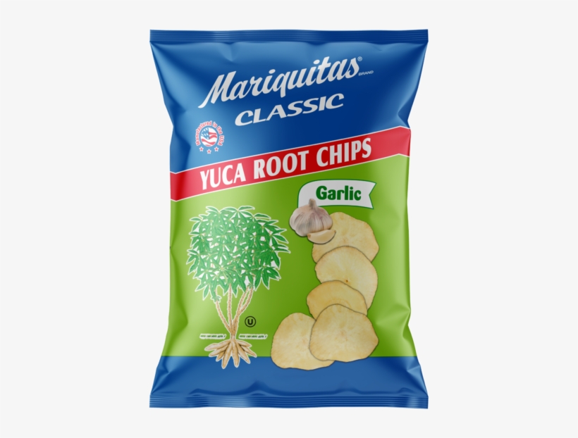 Mariquitas Yuca Root Garlic Chips Packaging Front Side - Cassava, transparent png