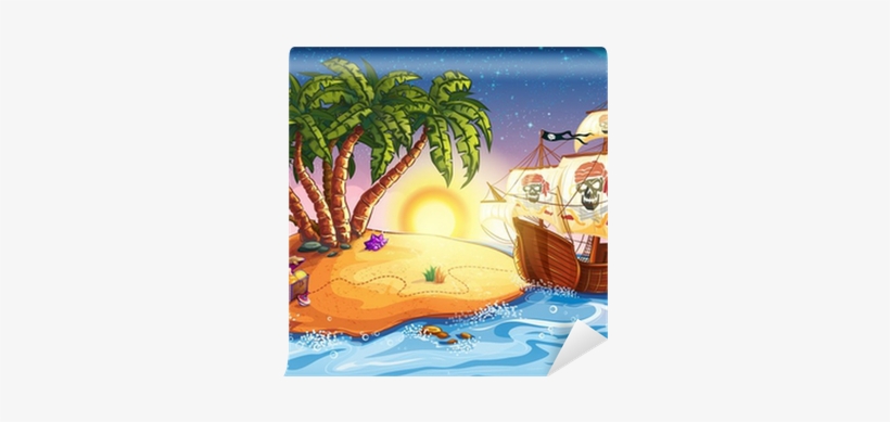 Illustration Of Treasure Island And Pirate Ship Wall - Free Vector Cartoon Eps File Download, transparent png