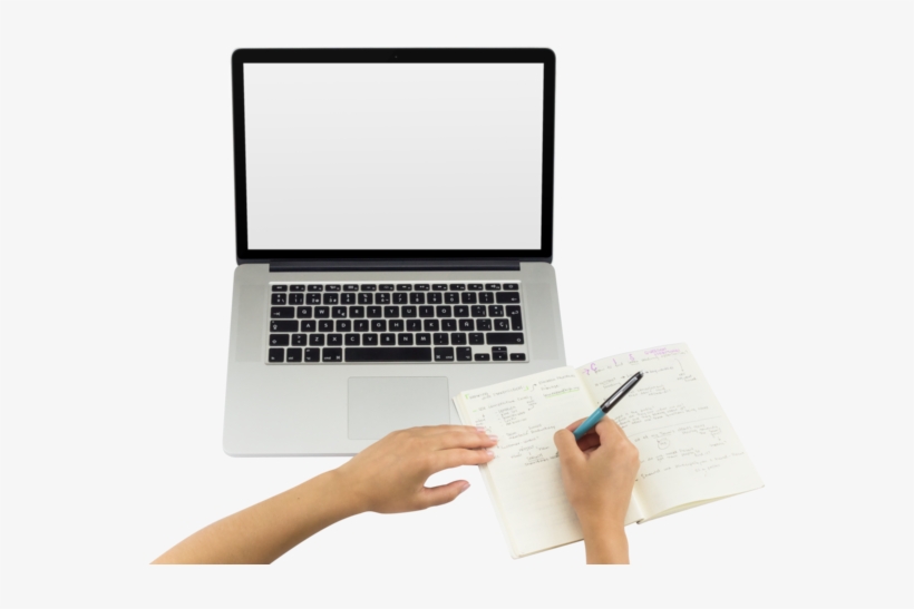Top Shot Macbook Png Mockup Featuring A Woman Writing - Hands On Laptop Png, transparent png