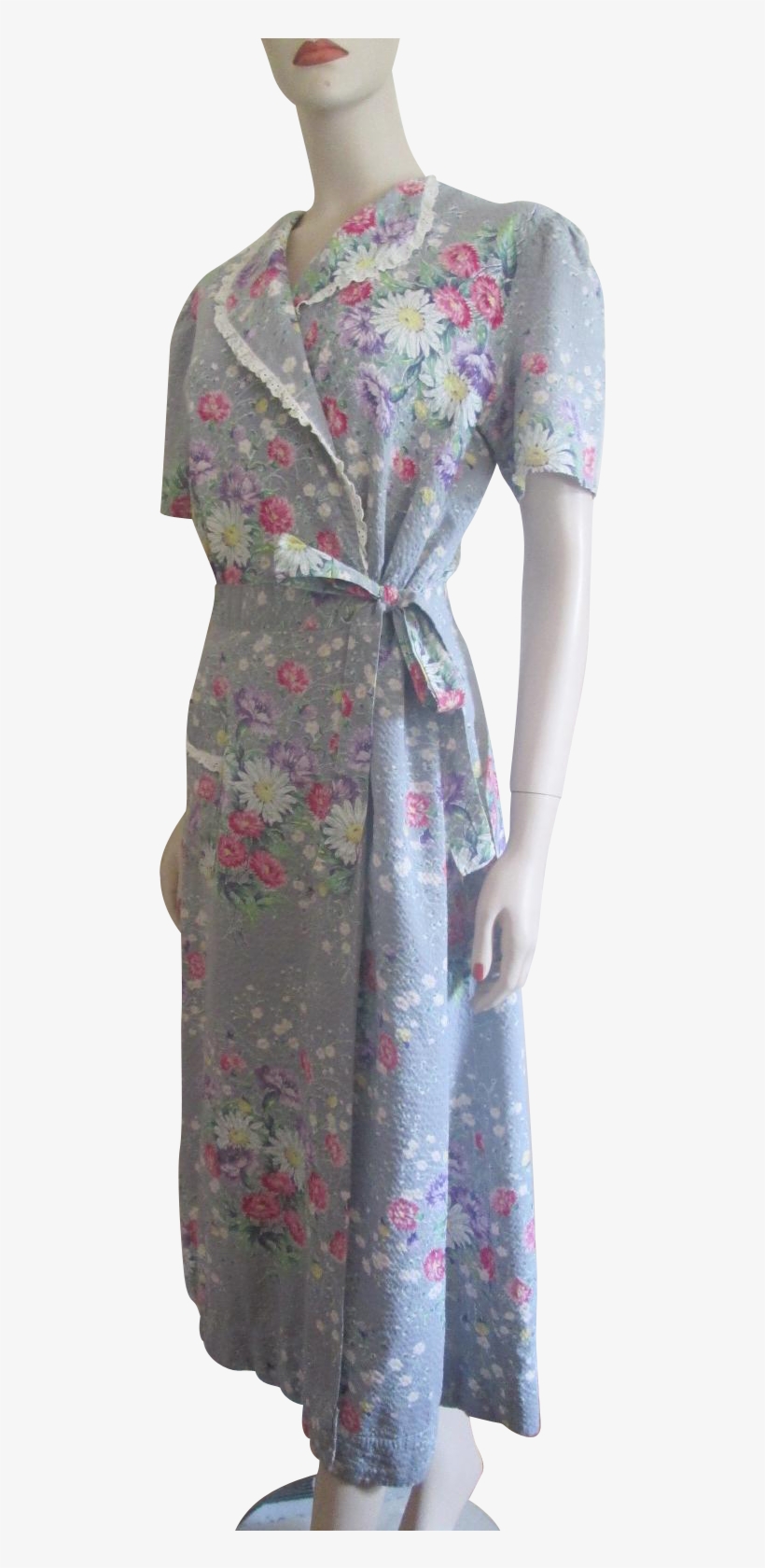 Feedsack Dress Vintage 1930s Grey Floral Lace Trim - Paisley, transparent png