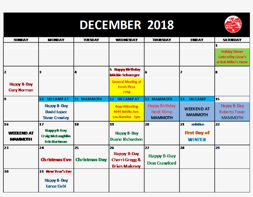 Long Beach Ski Club October To December 2018 Calendar - Calendar Date, transparent png