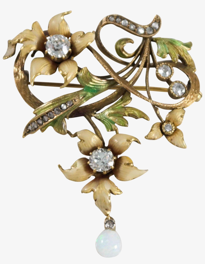 Art Nouveau 14k Yellow Gold Diamond, Opal, And Enamel - Art Nouveau Jewelry Flowers, transparent png