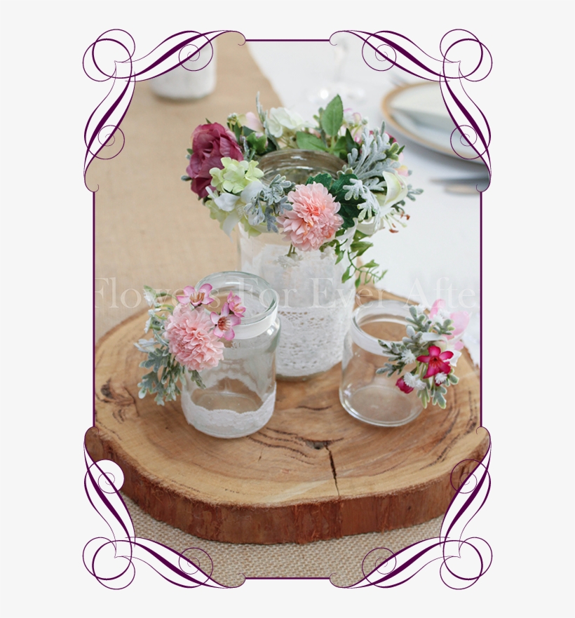 Set Of 3 Pink & White Rustic Floral Jar Centerpiece - Centrepiece, transparent png