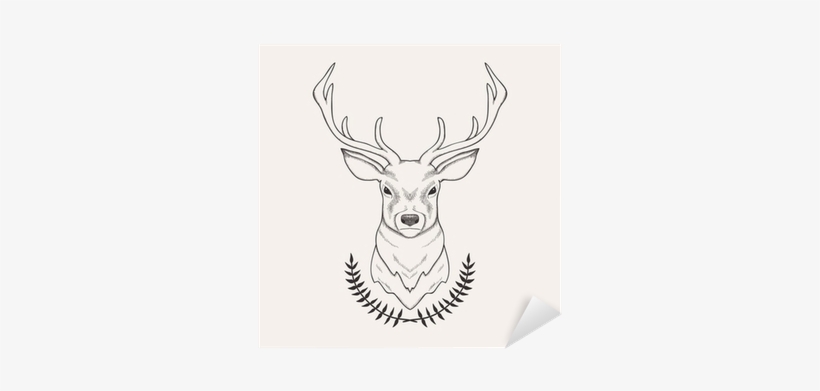 Vector Hand Drawn Illustration Of Deer And Laurel Sticker - Deer Head Sketch, transparent png